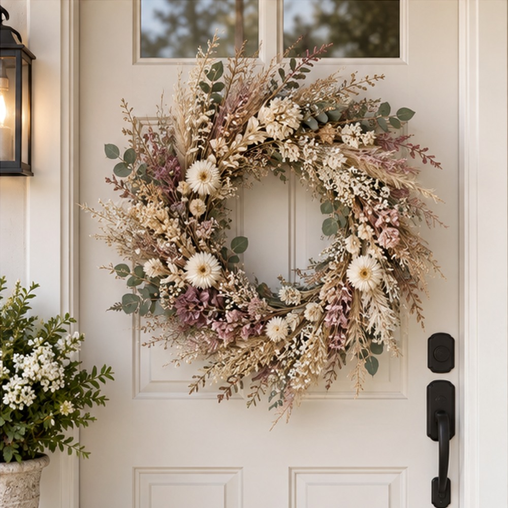 Forever Home Wreath made with natural dried botanicals on an American front door
