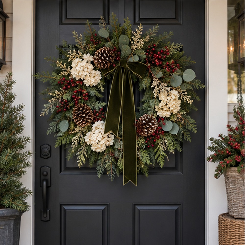Frosted Eucalyptus Door Wreath made with natural dried botanicals on an American front door