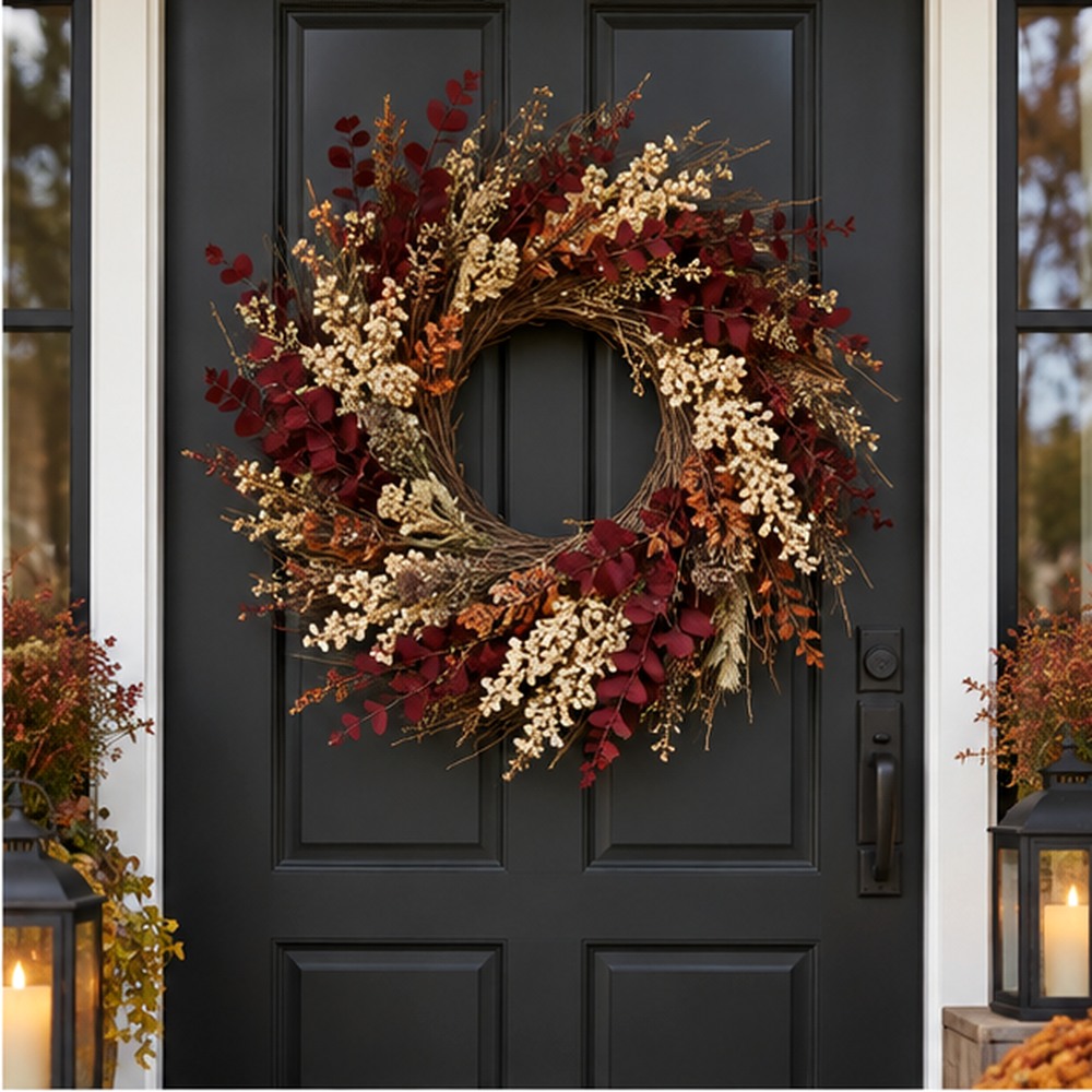 Golden Prairie Fall Wreath made with natural dried botanicals on an American front door