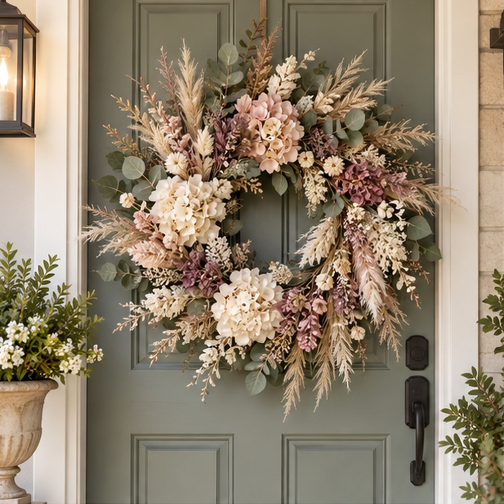 Hostess Gift Wreath made with natural dried botanicals on an American front door