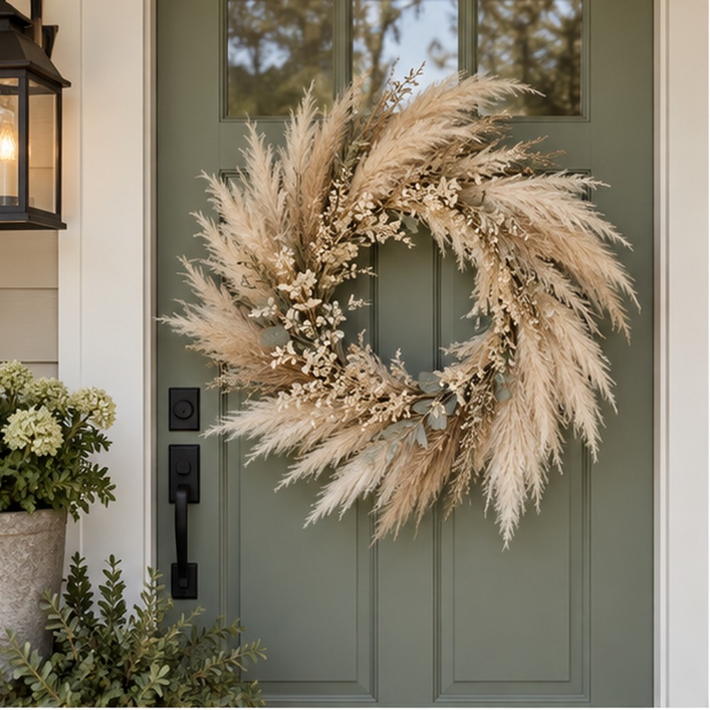 Ivory Pampas Farmhouse Wreath made with natural dried botanicals on an American front door