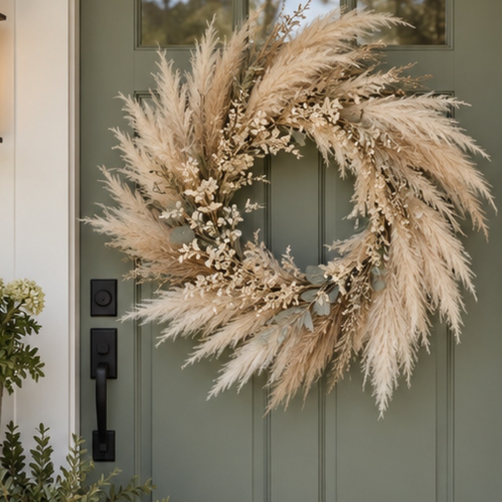 Ivory Pampas Farmhouse Wreath botanical close-up