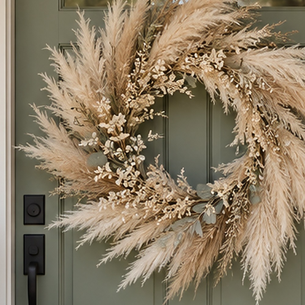 Ivory Pampas Farmhouse Wreath dried flower texture detail