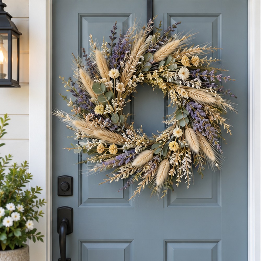Lavender Wheat Cottage Wreath made with natural dried botanicals on an American front door