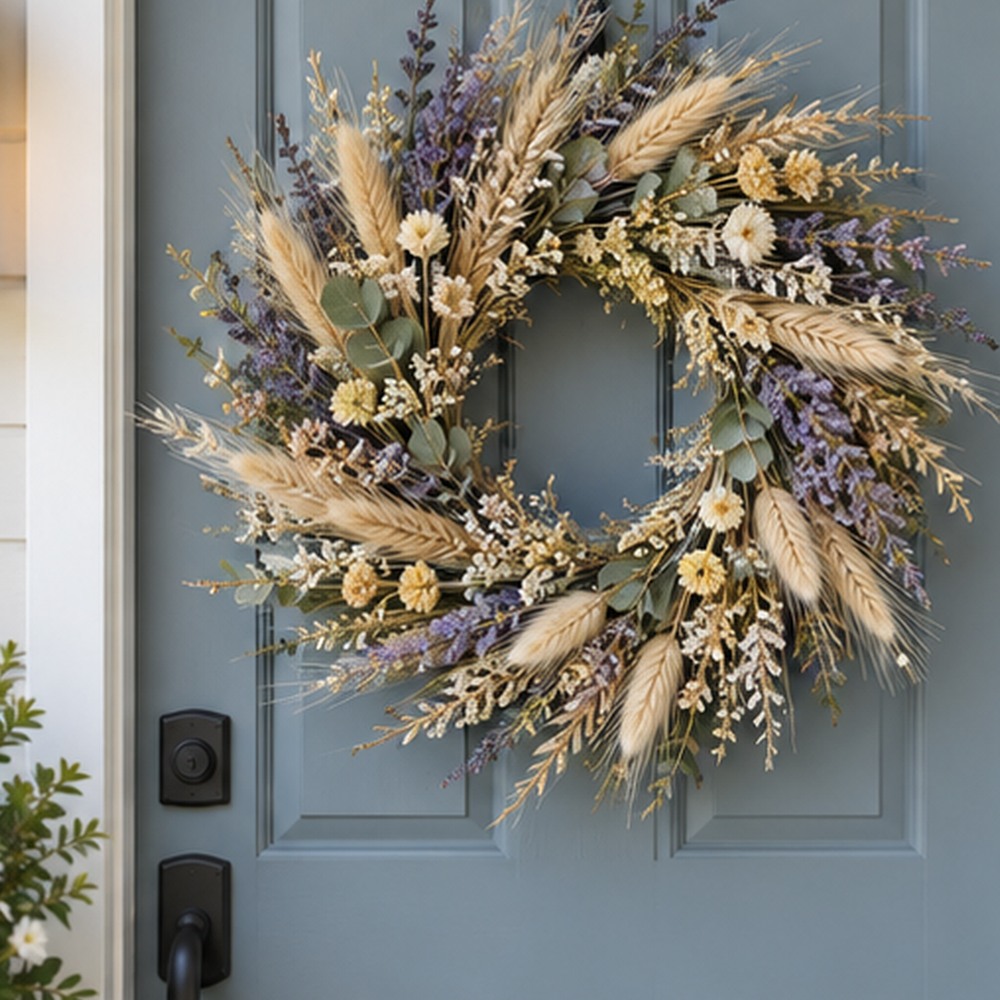 Lavender Wheat Cottage Wreath botanical close-up