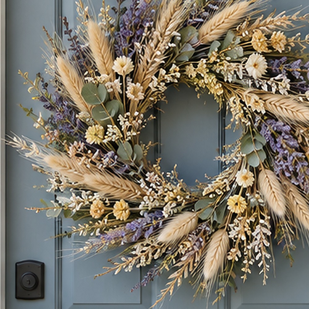 Lavender Wheat Cottage Wreath dried flower texture detail