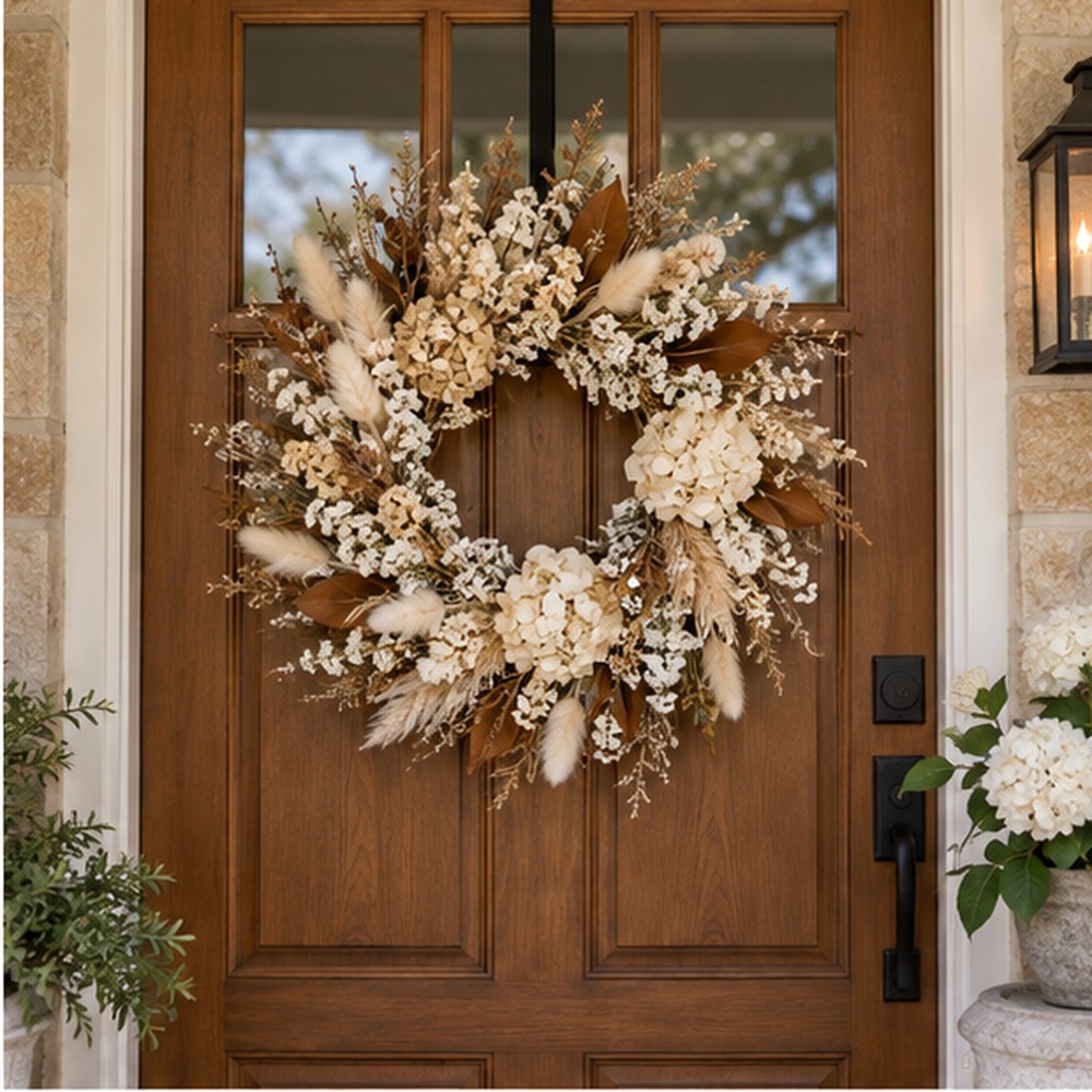Linen Eucalyptus Wreath made with natural dried botanicals on an American front door