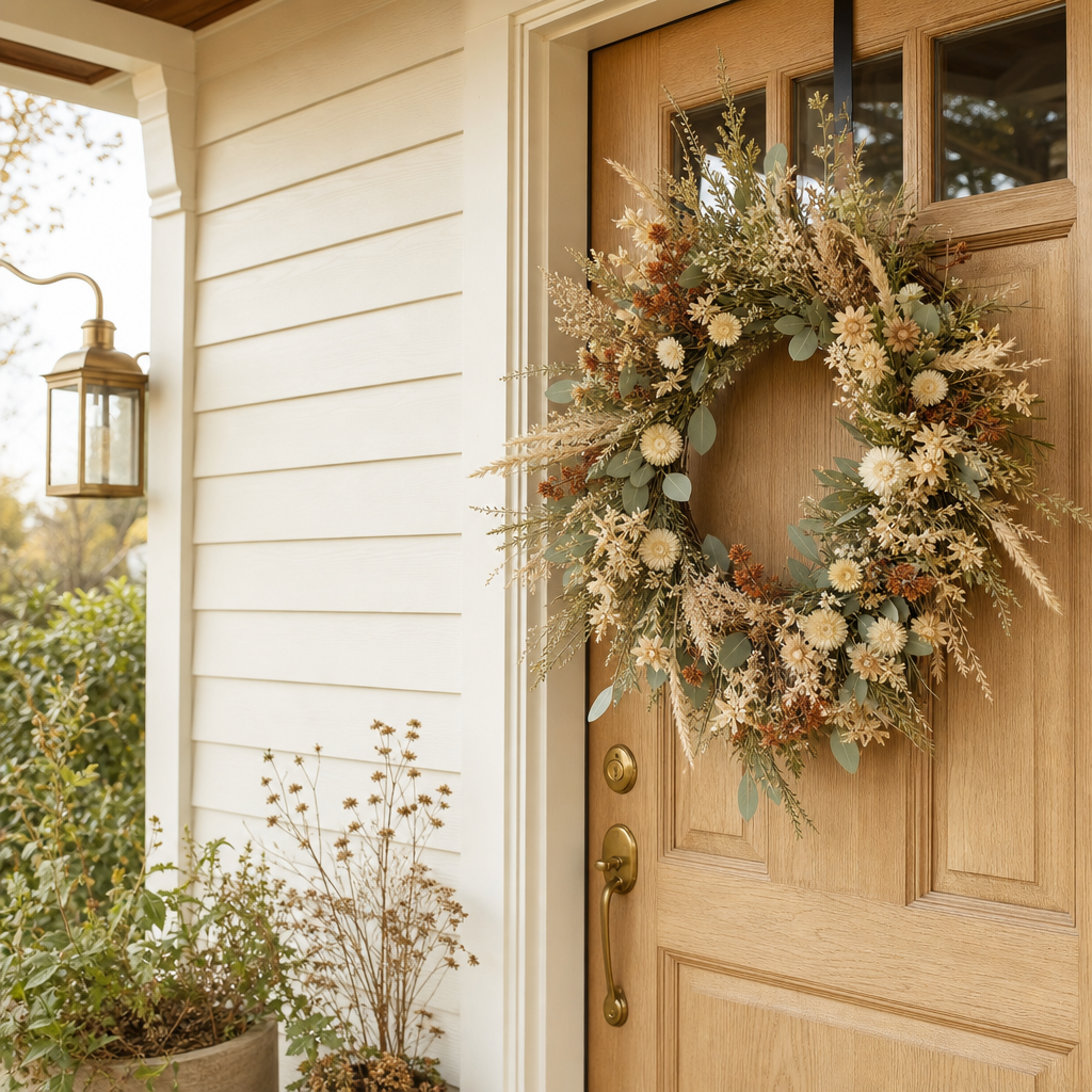 Cottage dried flower wreath on a covered front door