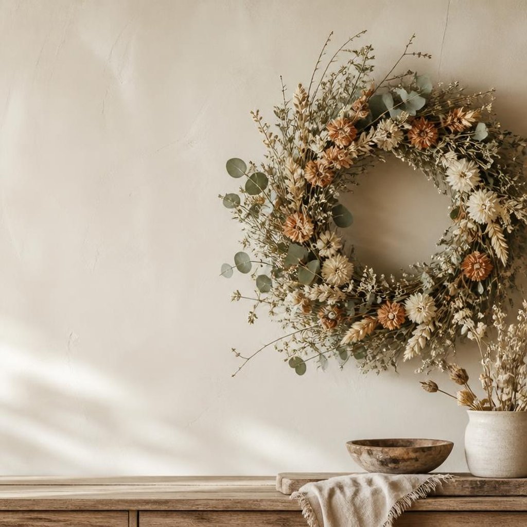 Large dried botanical wreath in an ivory home interior