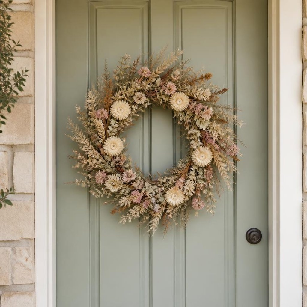 Natural dried flower wreath on a sage green American front door