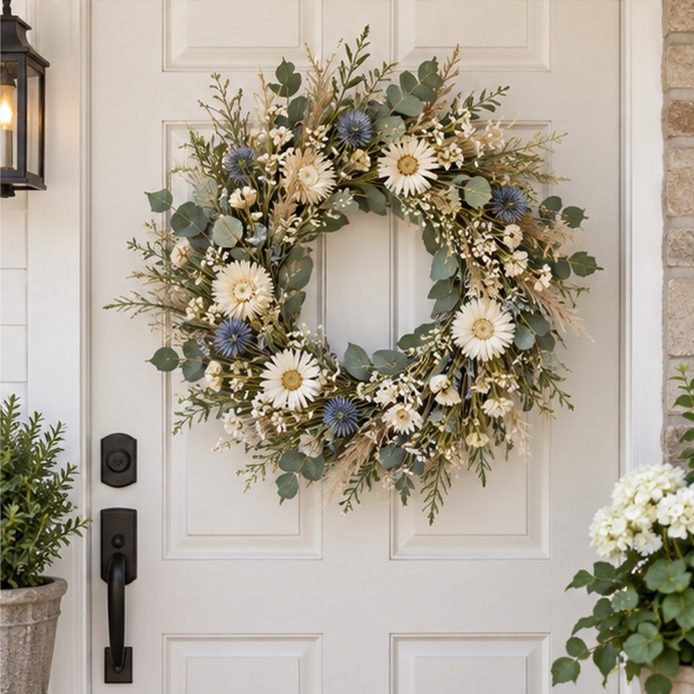 Morning Meadow Wreath made with natural dried botanicals on an American front door