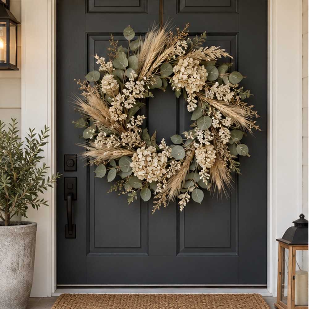 Natural Oat Cottage Wreath made with natural dried botanicals on an American front door