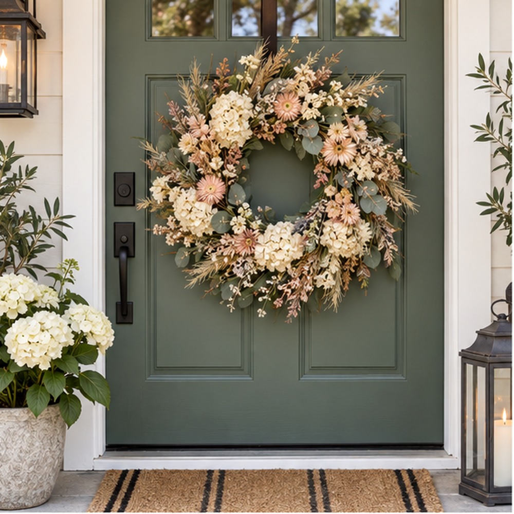 New Home Meadow Wreath made with natural dried botanicals on an American front door