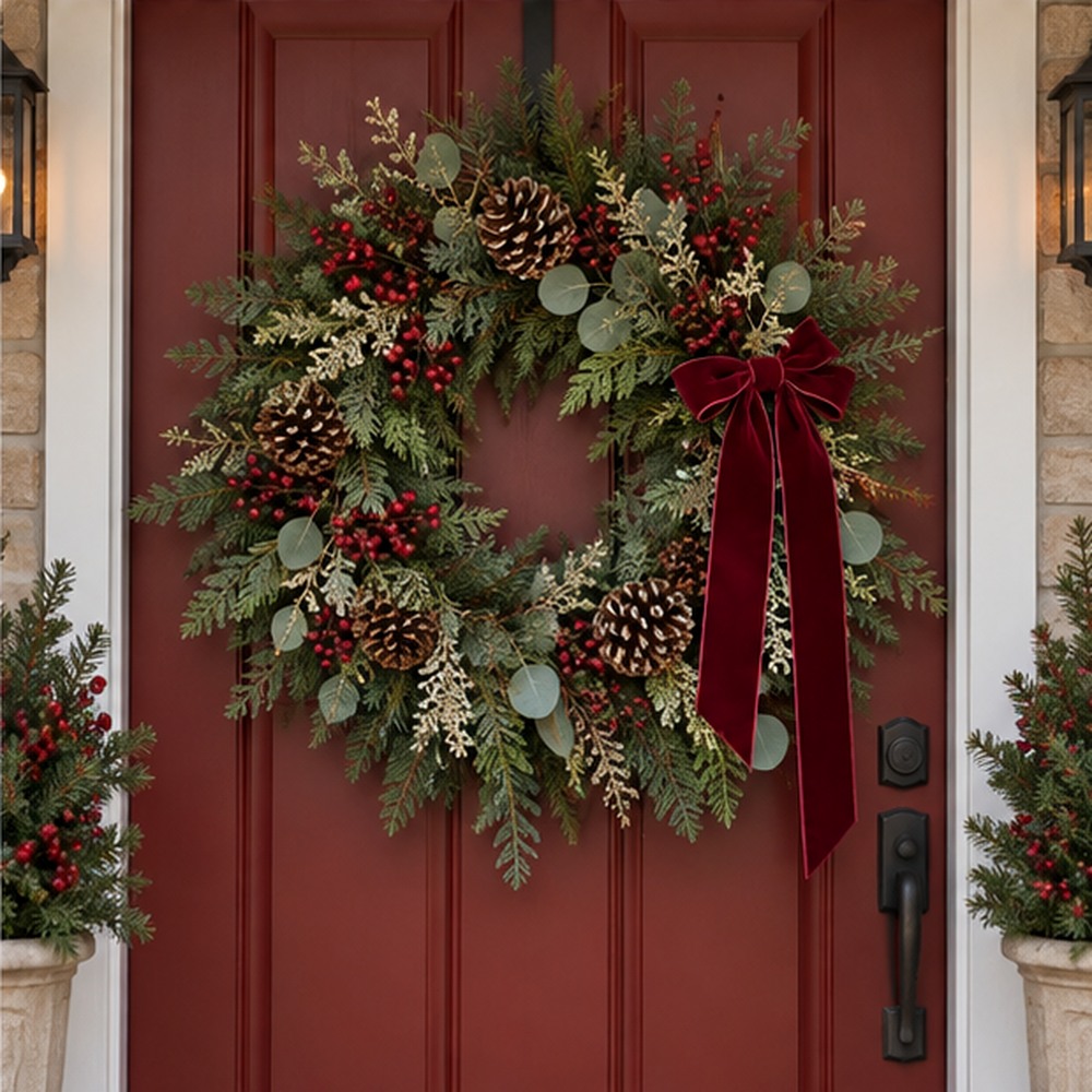 Pinecone and Cedar Wreath made with natural dried botanicals on an American front door