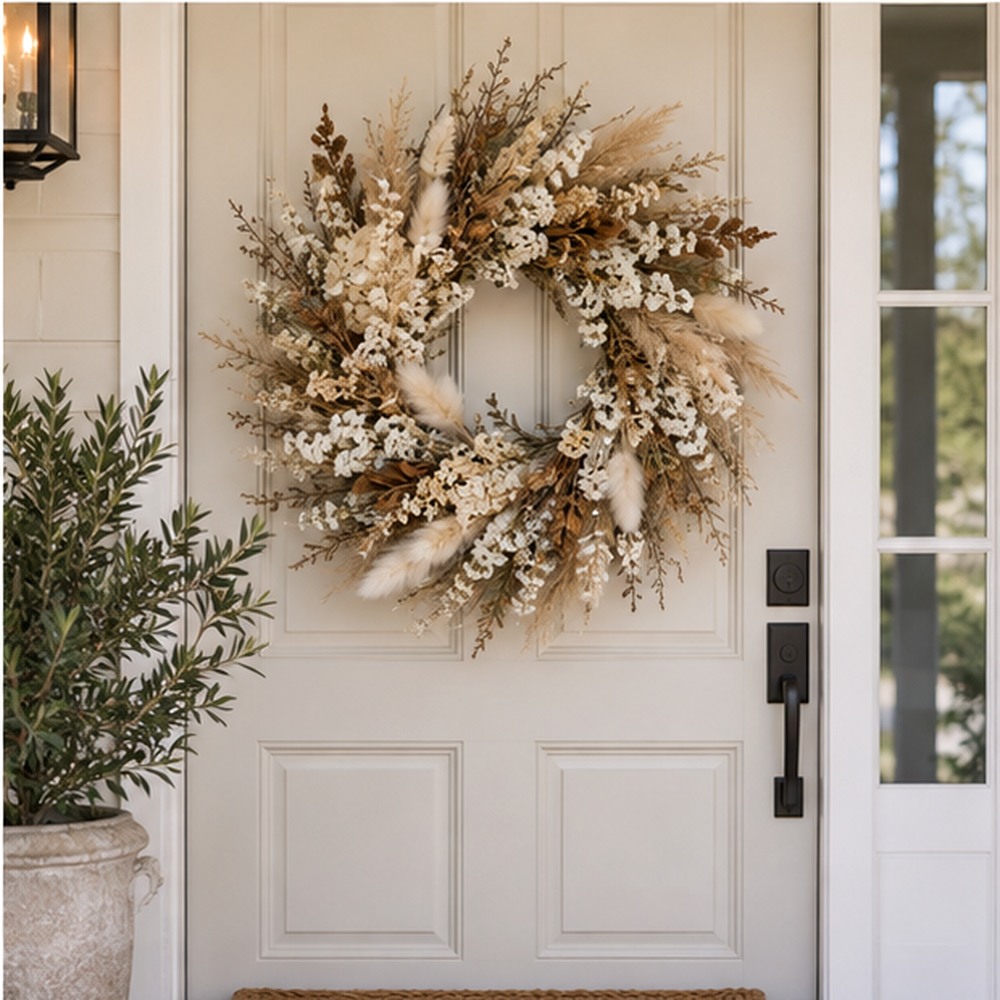 Quiet Meadow Neutral Wreath made with natural dried botanicals on an American front door