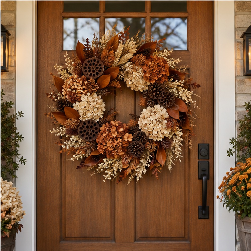 Rust and Sage Harvest Wreath made with natural dried botanicals on an American front door