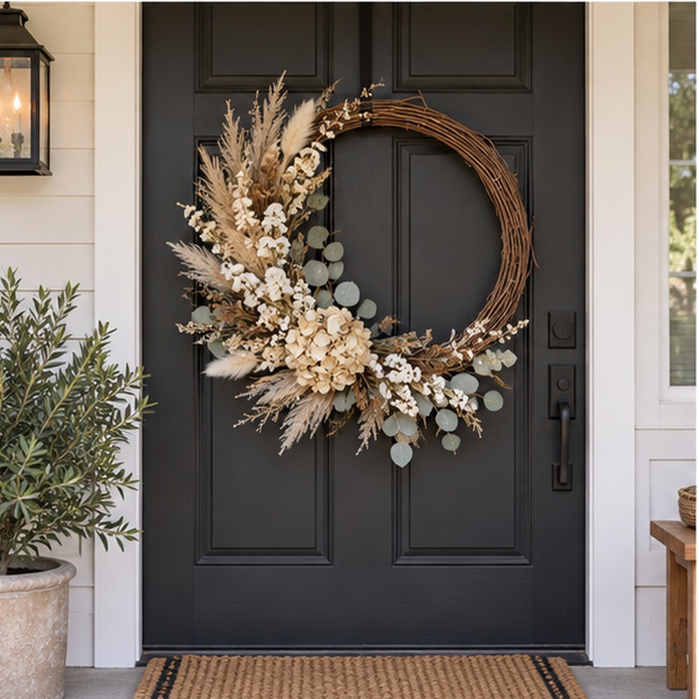 Rustic Wheat Ring Wreath made with natural dried botanicals on an American front door