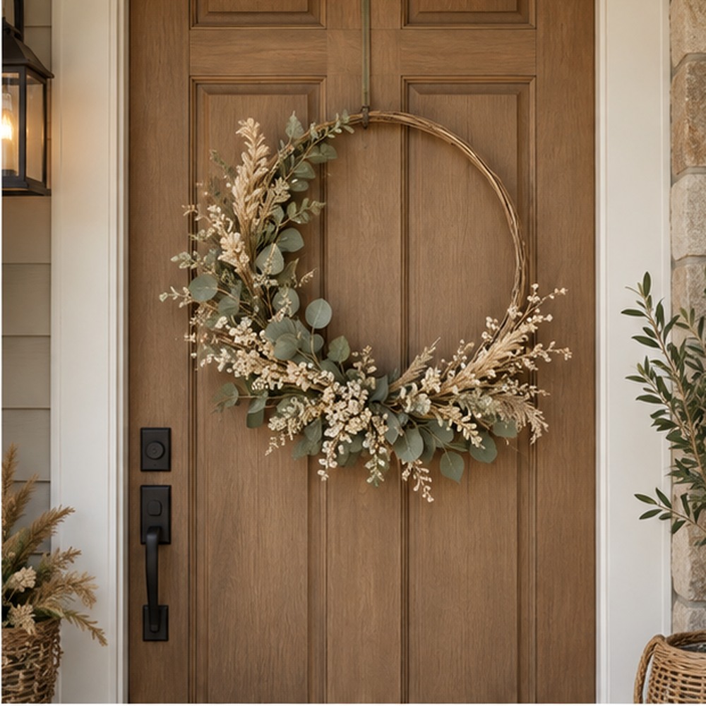Sage and Wheat Minimal Wreath made with natural dried botanicals on an American front door