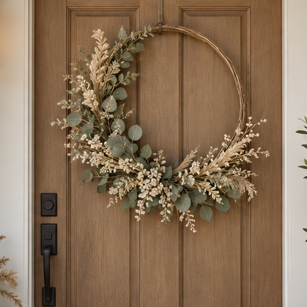 Sage and Wheat Minimal Wreath botanical close-up