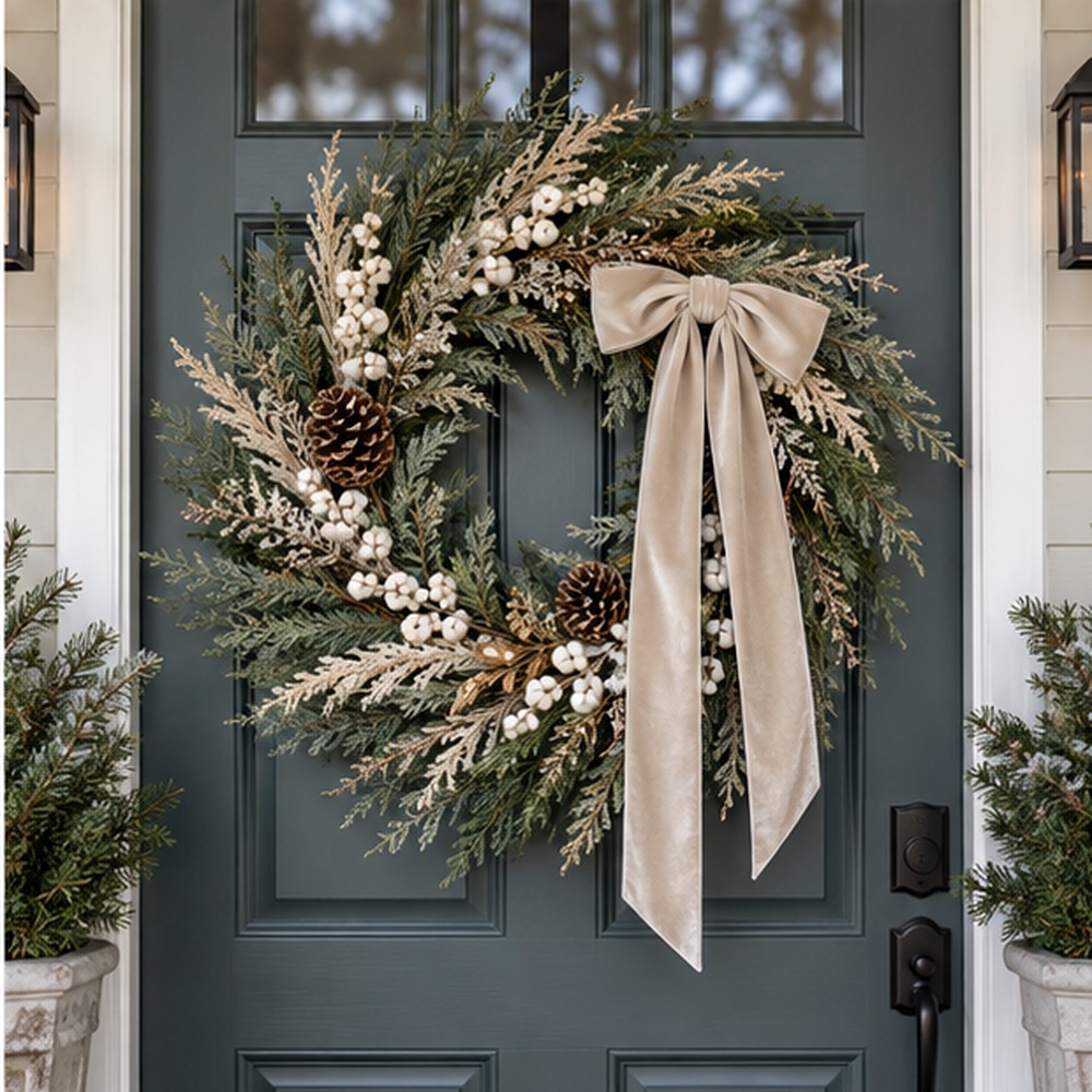 Snowy Sage Winter Wreath made with natural dried botanicals on an American front door