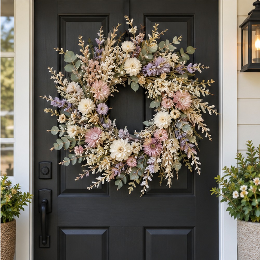 Soft Pink Strawflower Wreath made with natural dried botanicals on an American front door