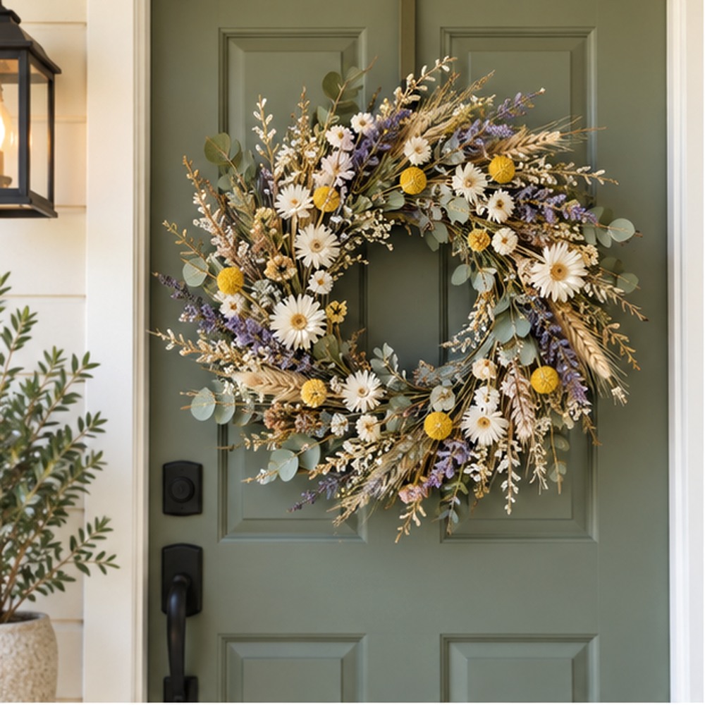 Sunlit Daisy Meadow Wreath made with natural dried botanicals on an American front door