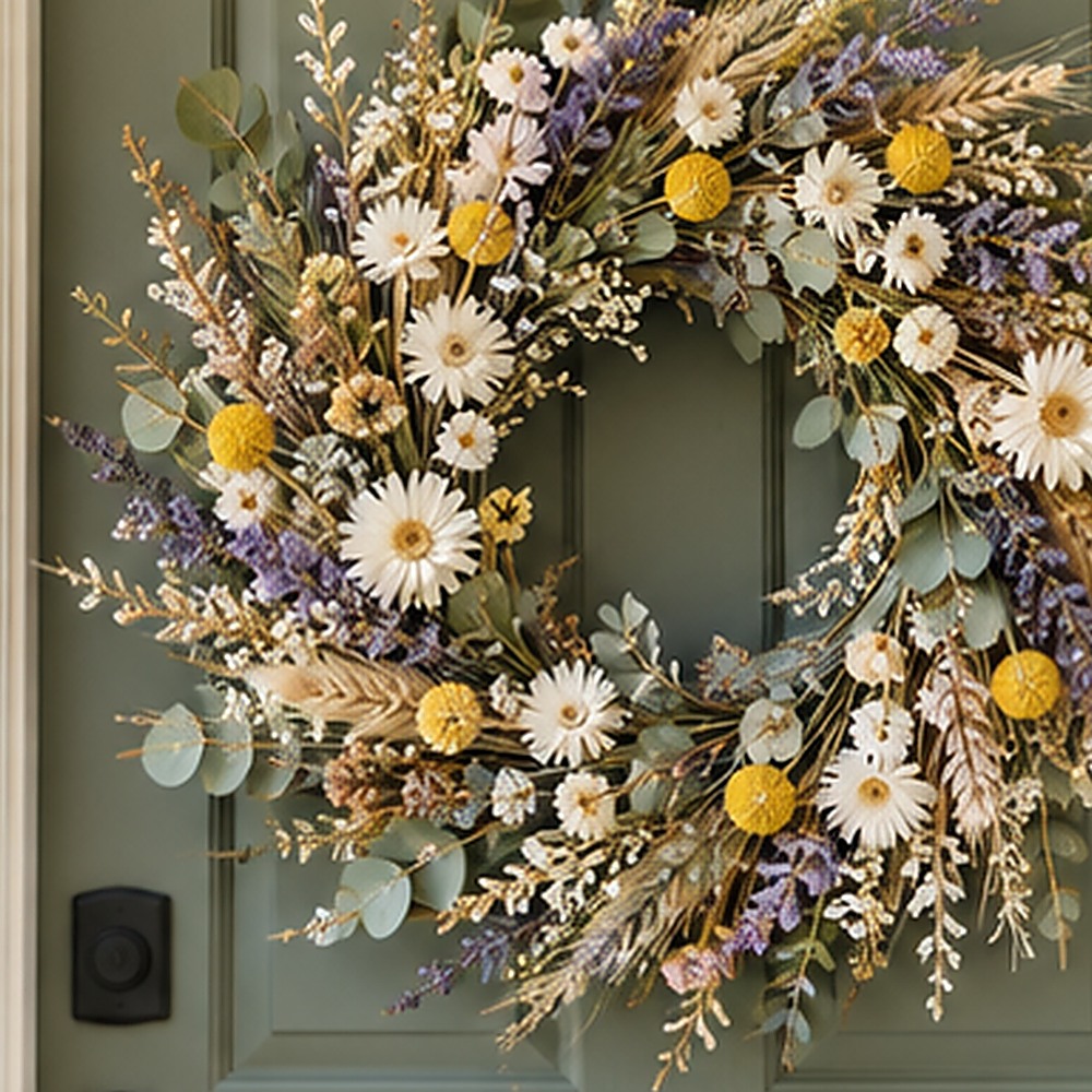 Sunlit Daisy Meadow Wreath dried flower texture detail