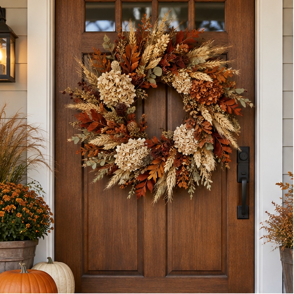 Terracotta Thanksgiving Wreath made with natural dried botanicals on an American front door