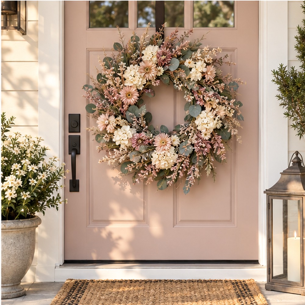 Thank You Botanical Wreath made with natural dried botanicals on an American front door