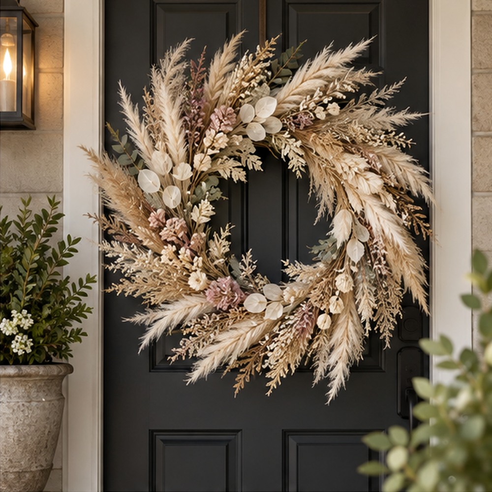 Wedding Welcome Wreath made with natural dried botanicals on an American front door