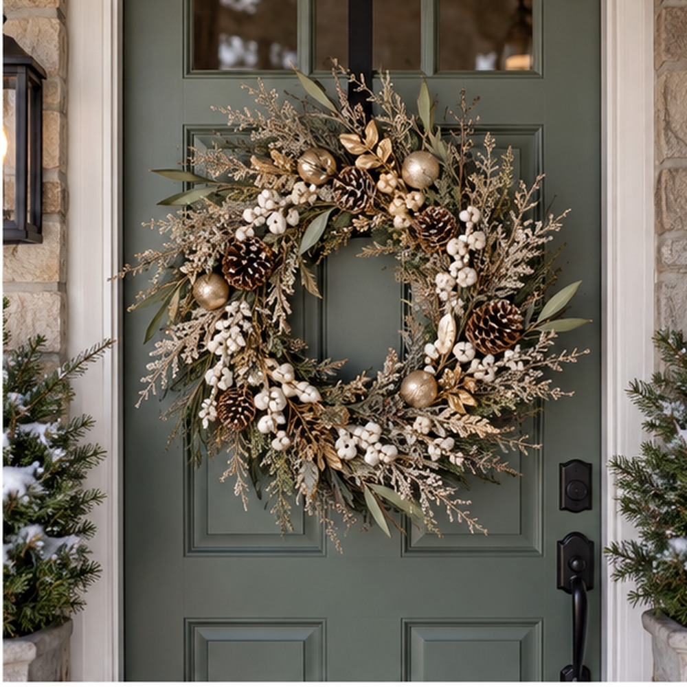 White Berry Christmas Wreath made with natural dried botanicals on an American front door