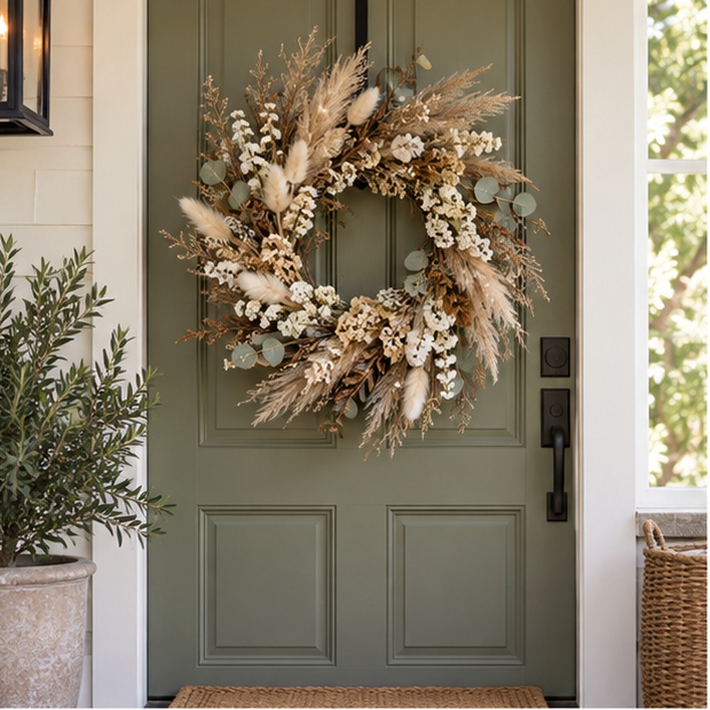 White Statice Door Wreath made with natural dried botanicals on an American front door