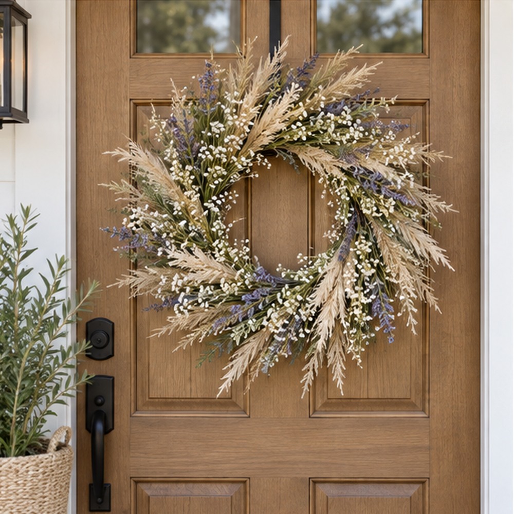 Wild Chamomile Door Wreath made with natural dried botanicals on an American front door