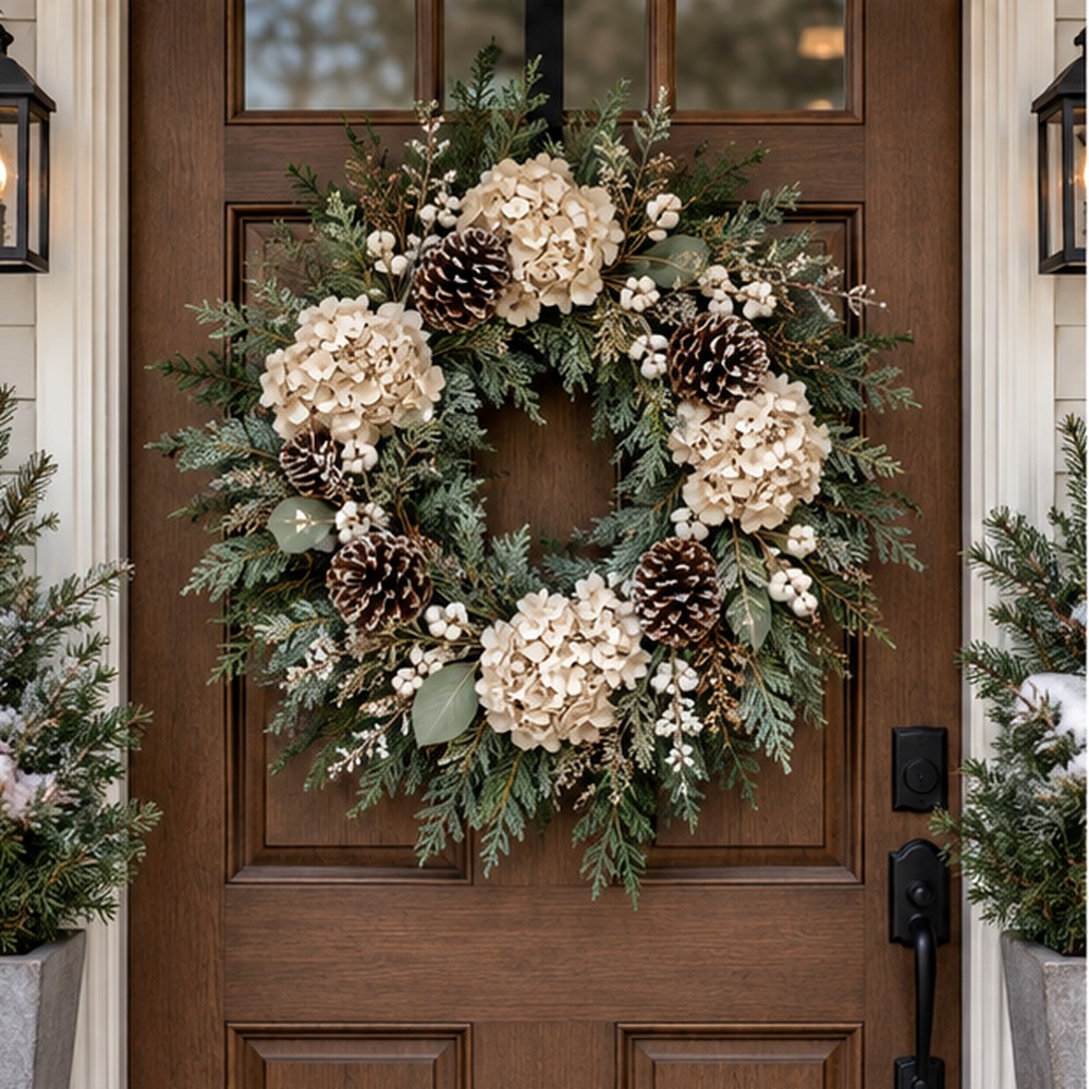 Woodland Holiday Wreath made with natural dried botanicals on an American front door