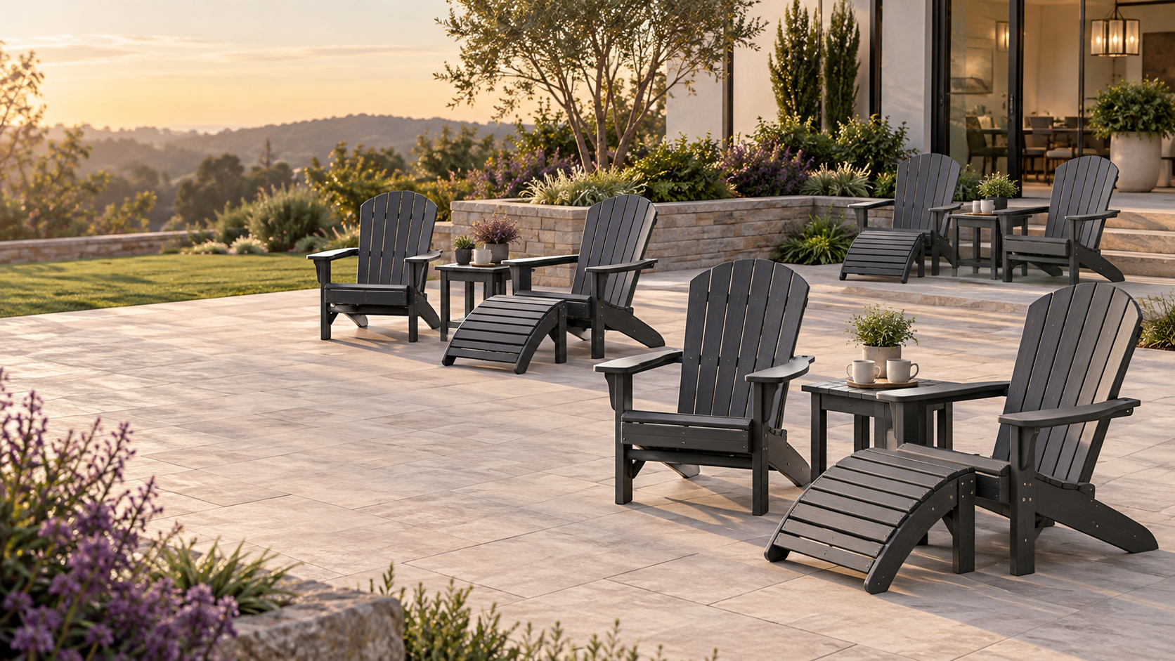 ALDERIVO Shoreline 12-piece outdoor lounge set arranged on a sunset patio