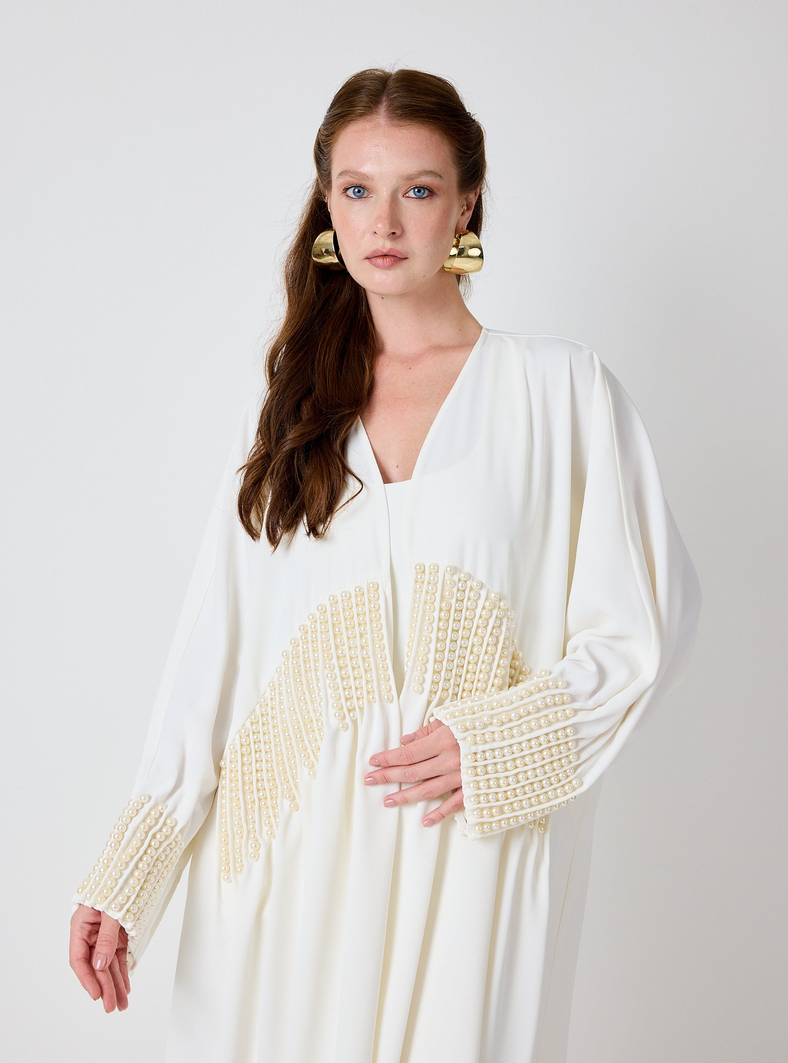 Off White Abaya with Pearl Embellishments