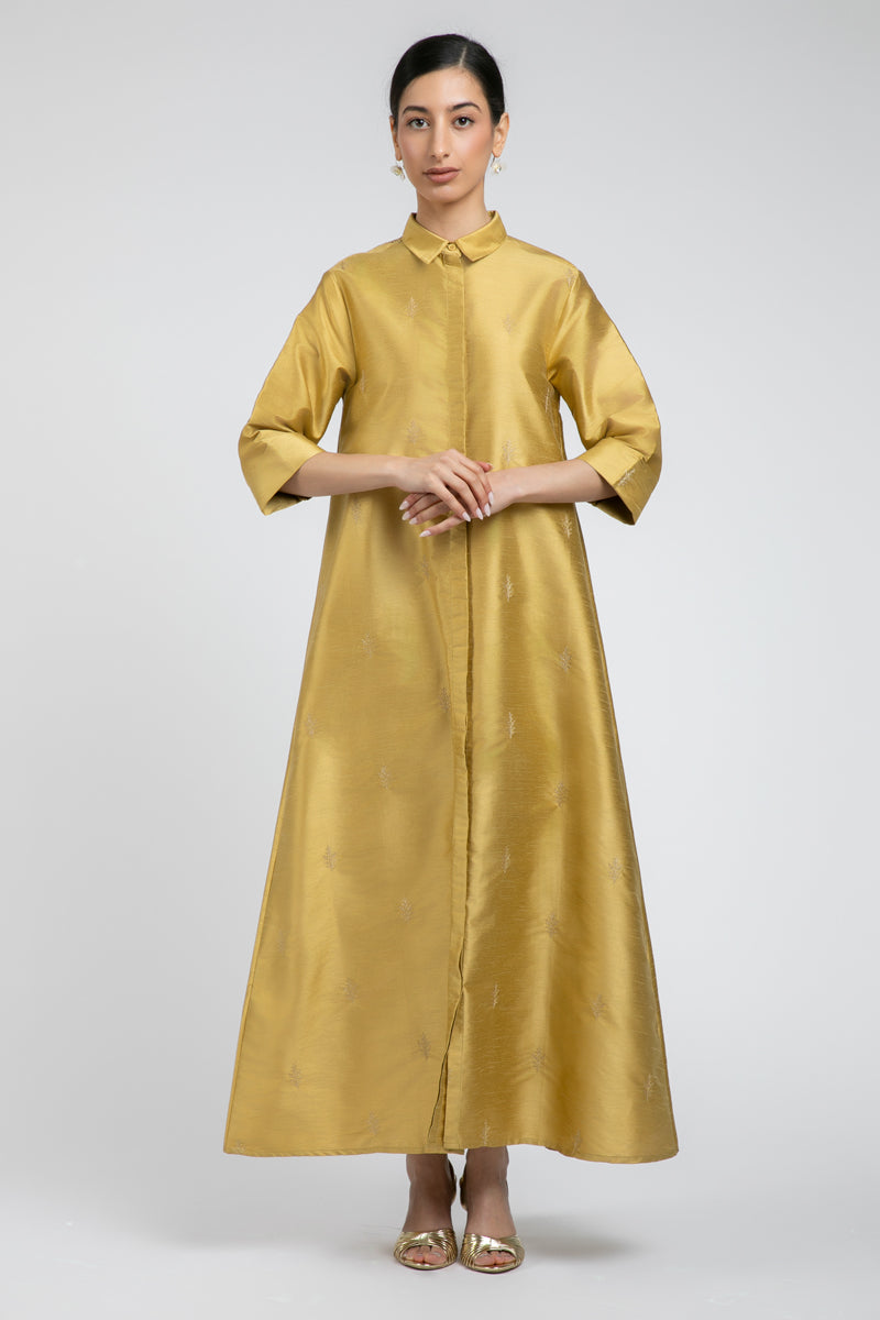 Embroidered Shirt-Style Maxi Dress