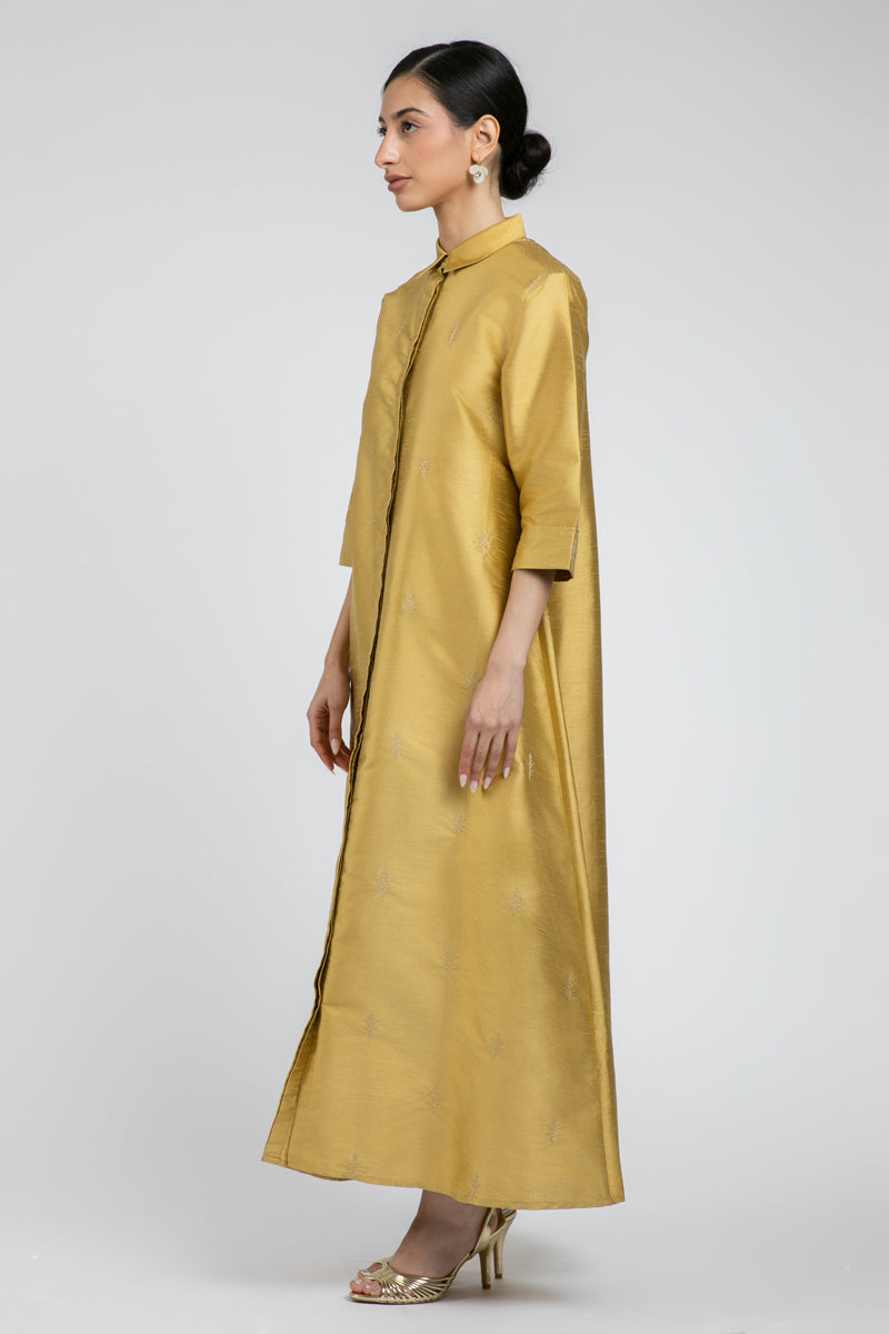 Embroidered Shirt-Style Maxi Dress