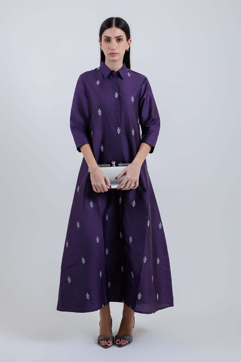 Embroidered Shirt-Style Maxi Dress