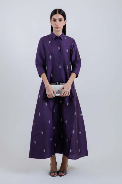 Embroidered Shirt-Style Maxi Dress