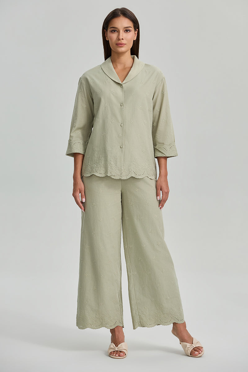 Embroidered Wide Leg Elastic Pants