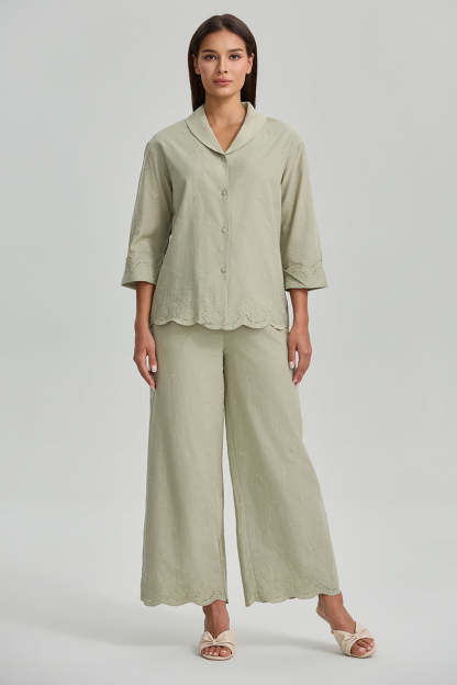 Embroidered Wide Leg Elastic Pants