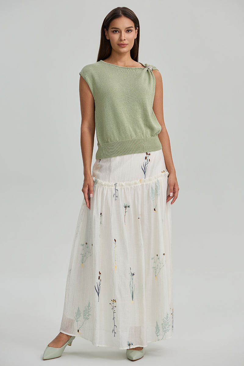 Embroidered Maxi Skirt With Ruffle