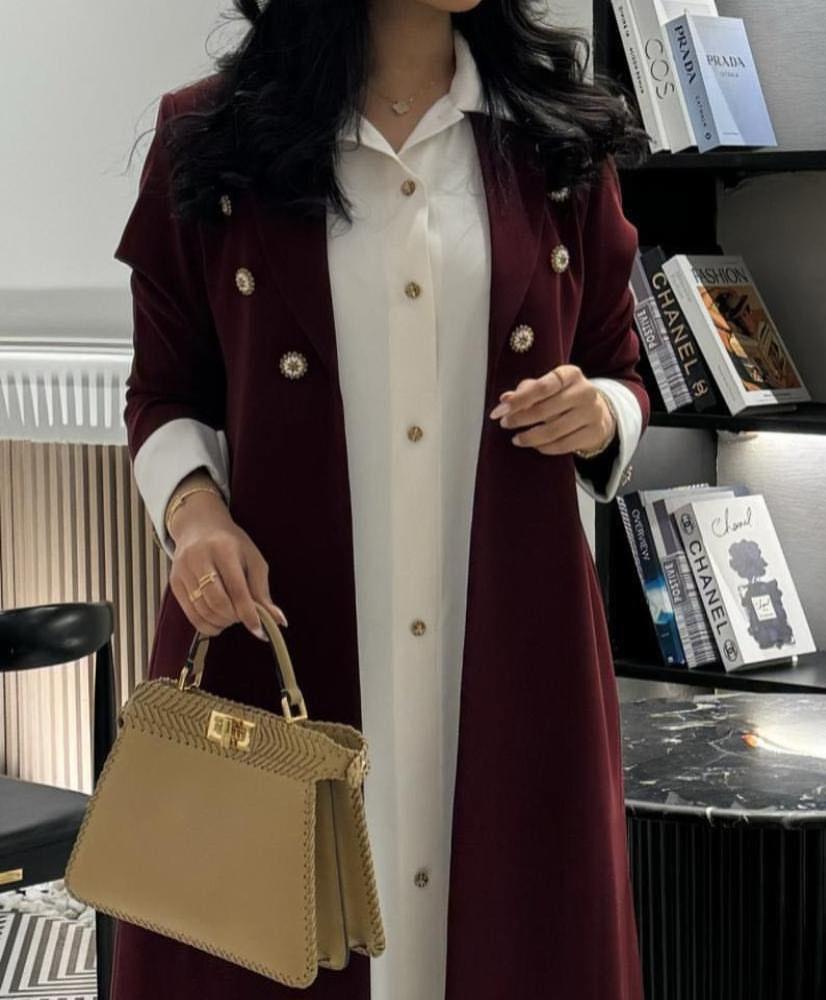Maroon Blazer Two Tone Abaya with Button Detail