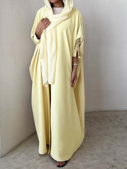 Butter Yellow crepe abaya, bisht style with Pearl Buttons
