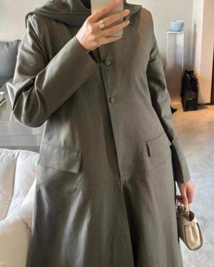 Linen Button-Front Abaya – Olive Grey