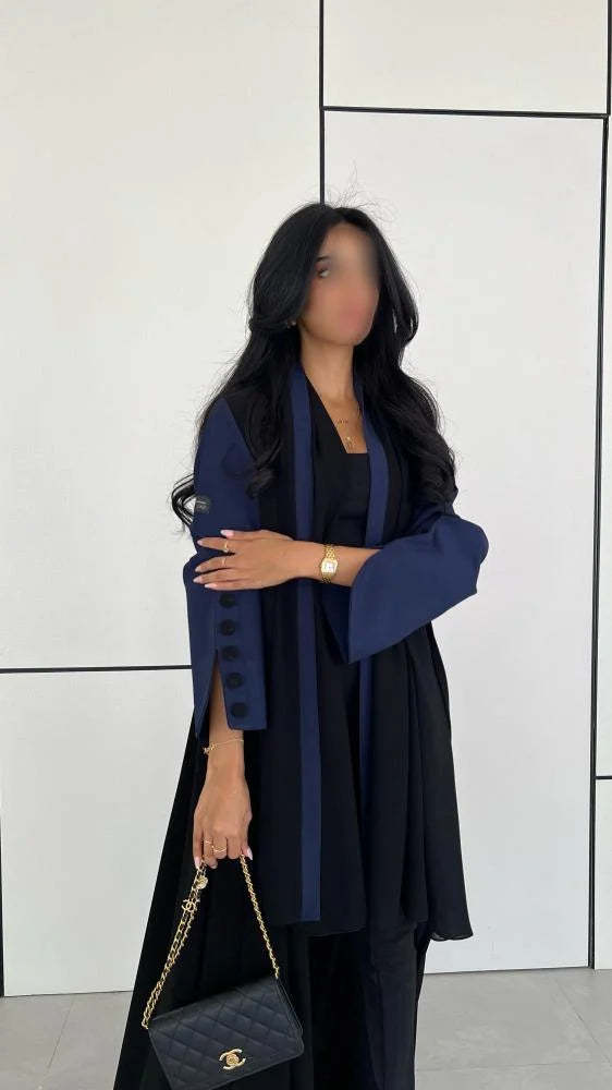 Black Abaya with Navy Blue sleeves with buttons