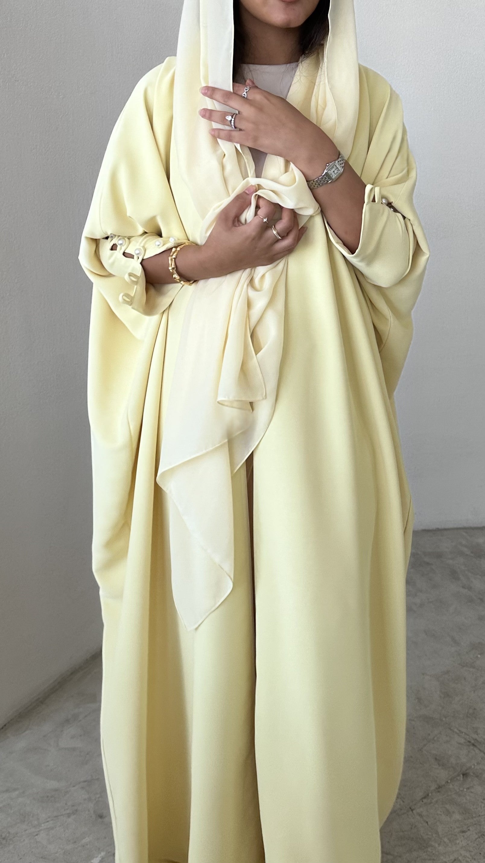Butter Yellow crepe abaya, bisht style with Pearl Buttons