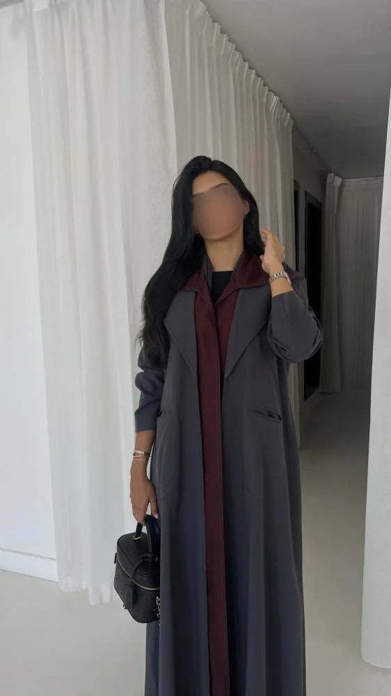 Grey & Burgundy Blazer Abaya