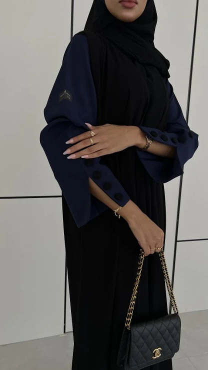 Black Abaya with Navy Blue sleeves with buttons